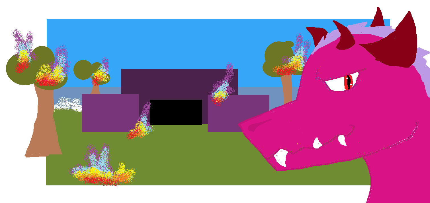 Dragon smiling and the fortress burning.